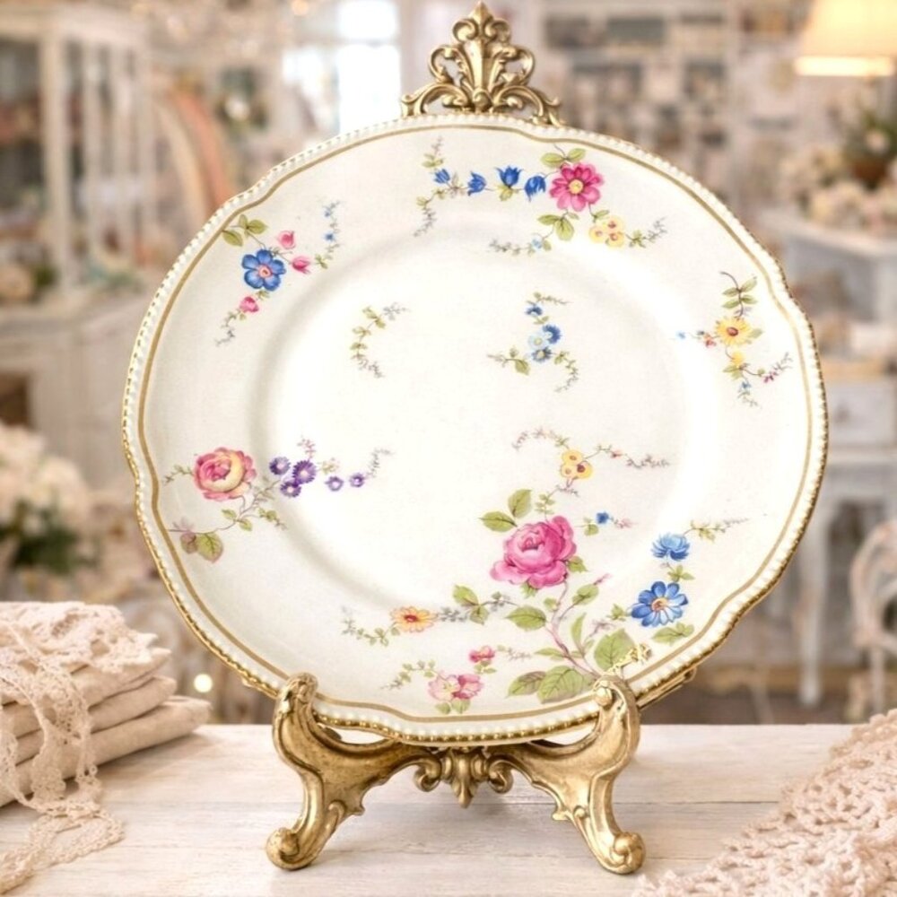 Castleton China Sunnyvale Plate VTG Floral Scalloped Gold Beaded Trim 8 Inch